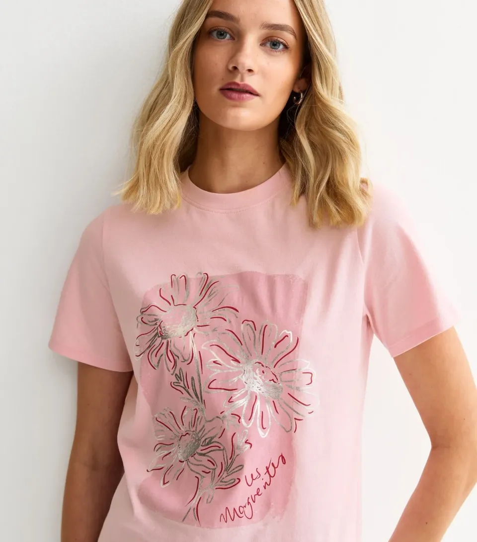 Women's Light Pink Foiled Flower Print T-Shirt