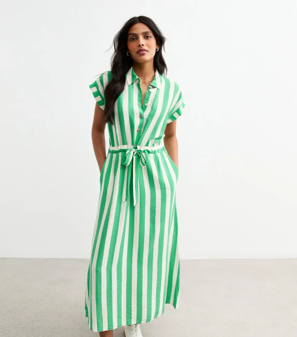 Women's Green Stripe Print Tie Front Shirt Dress