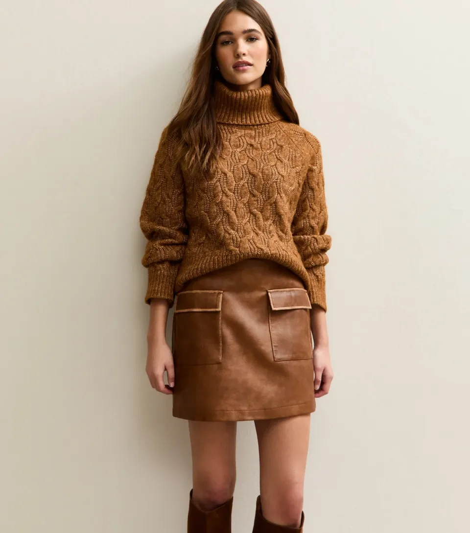 Women's Tan Cracked Faux Leather Mini Skirt