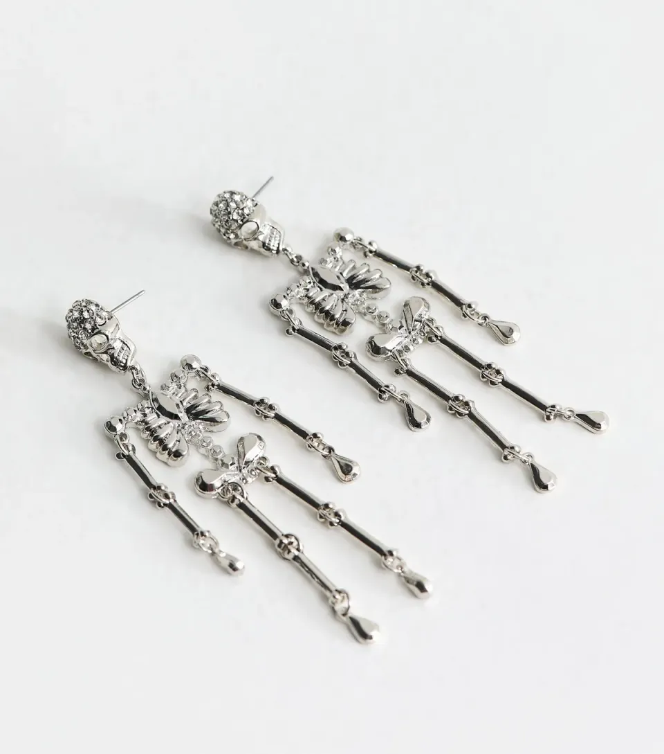 Silver Tone Halloween Skeleton Drop Earrings