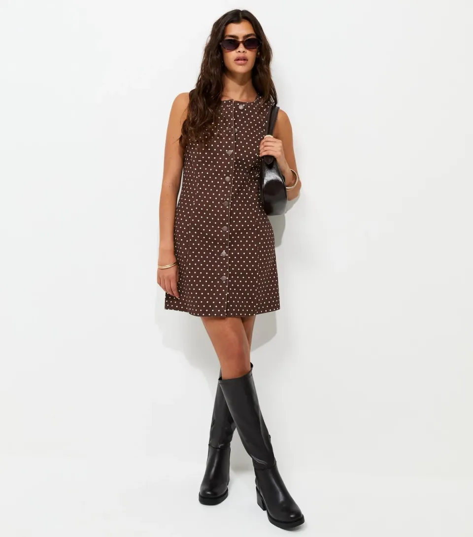 Women's Brown Polka Dot Cinched Denim Dress