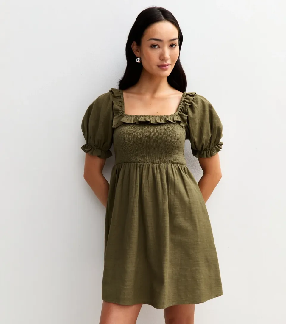 Women's Khaki Puff Sleeve Shirred Mini Dress