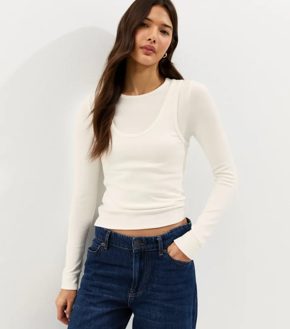 Women's Off White Layered Long Sleeve Top