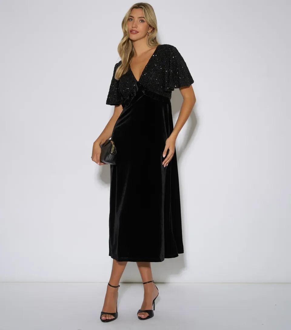 Women's Black Sequin Bolero Top Velvet Midi Dress