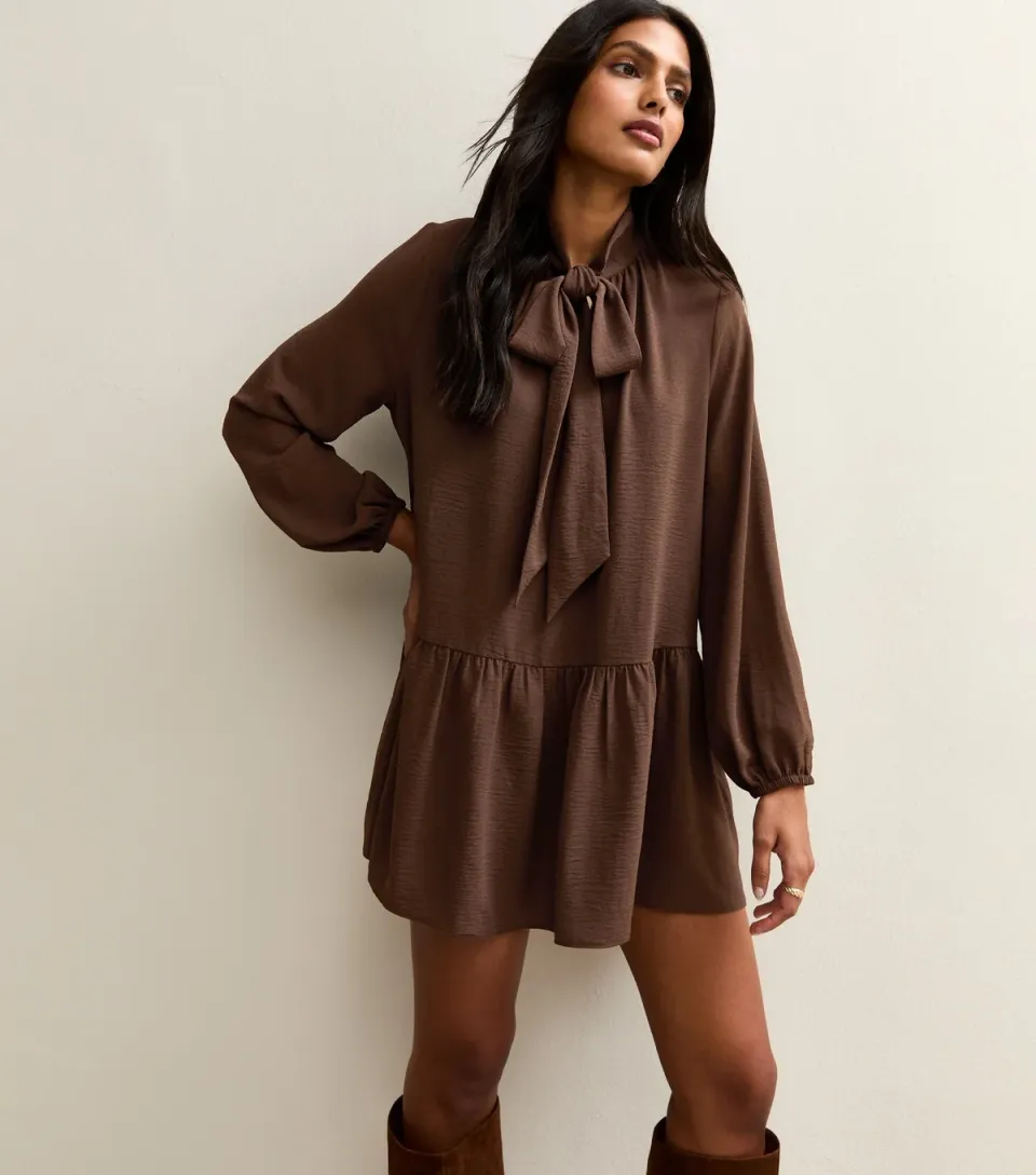 Women's Black Tie Neck Smock Mini Dress