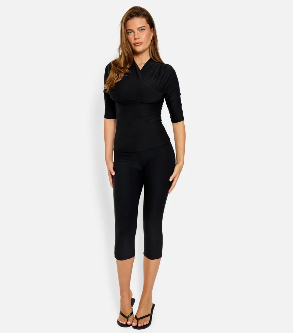 Women's Black Jersey Wrap Neck Top