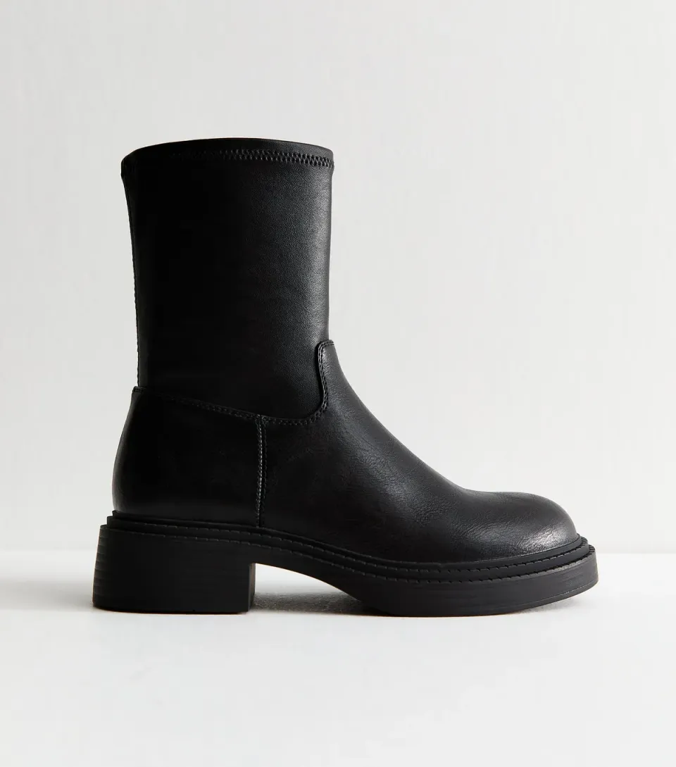 Women's Black Chunky Sole Sock Fit Ankle Boots Vegan