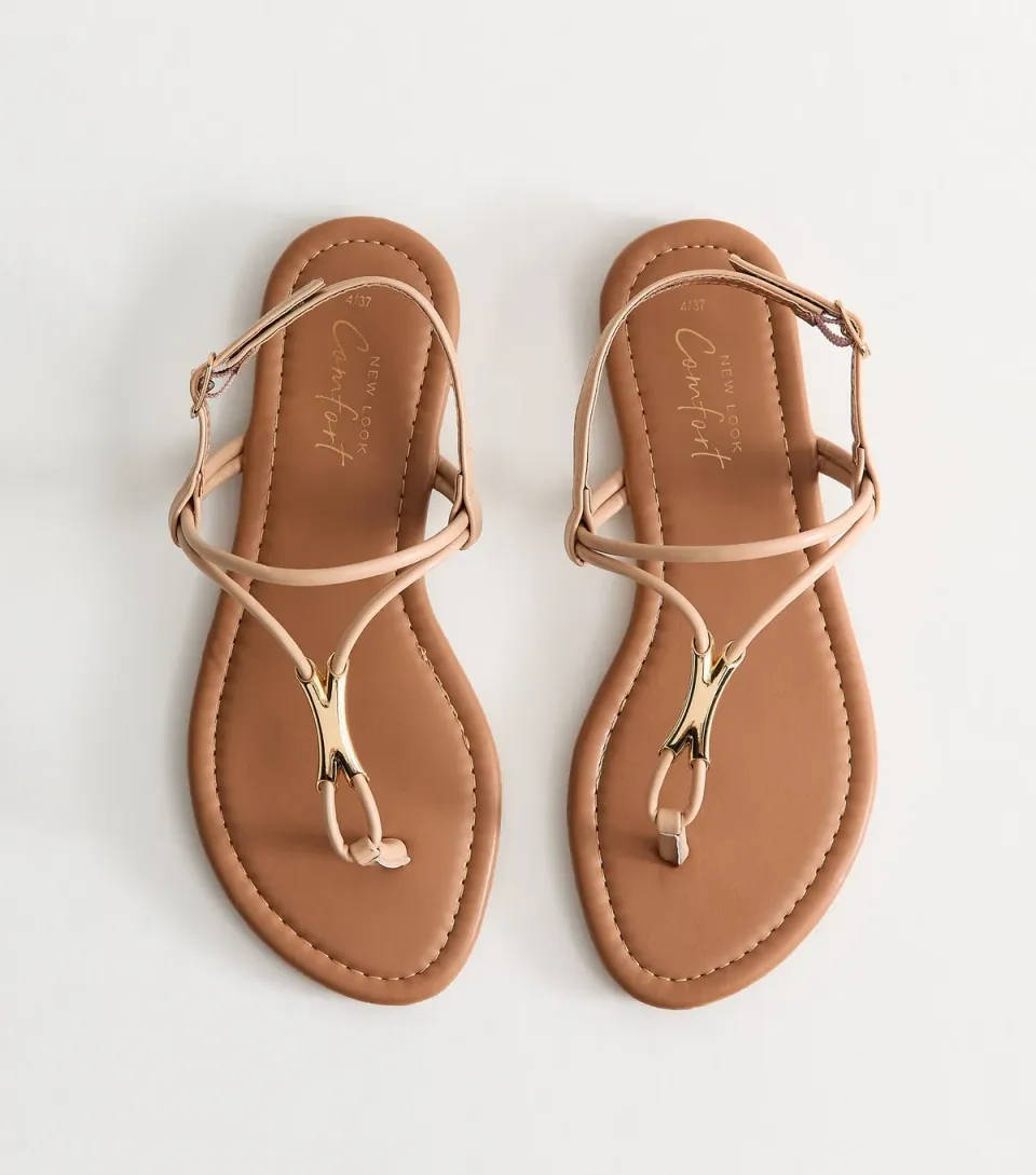 Women's Oatmeal Faux Leather Hardware Detail Toe Post Sandals Vegan