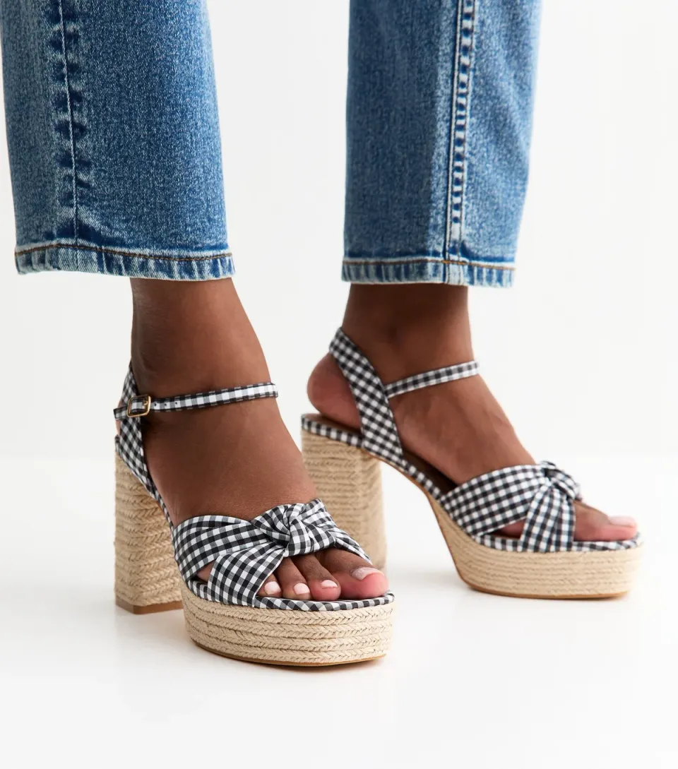 Women's Black Gingham Knot Strap Braided Platform Sandals Vegan