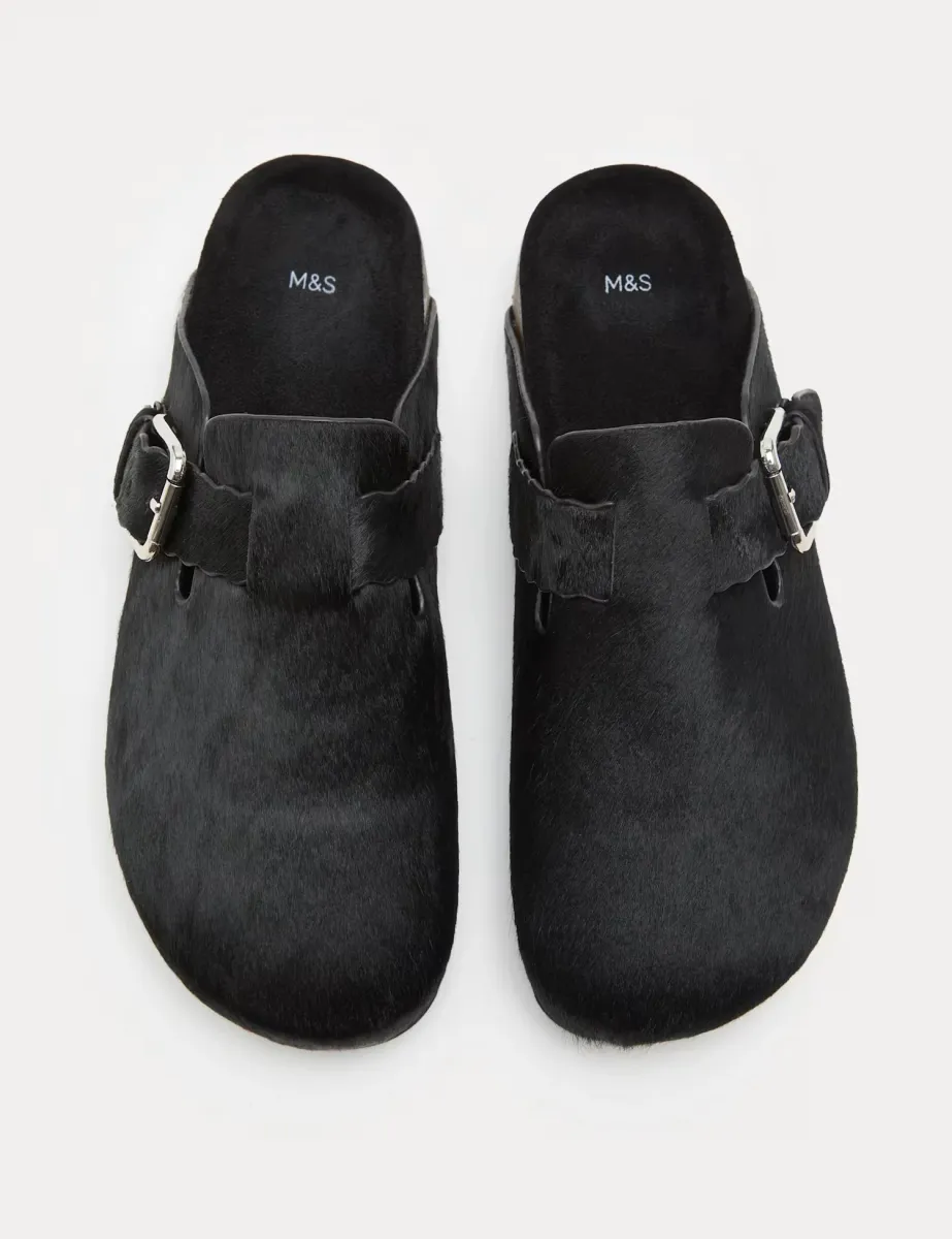 Leather Hair On Scallop Edge Strap Clogs Black