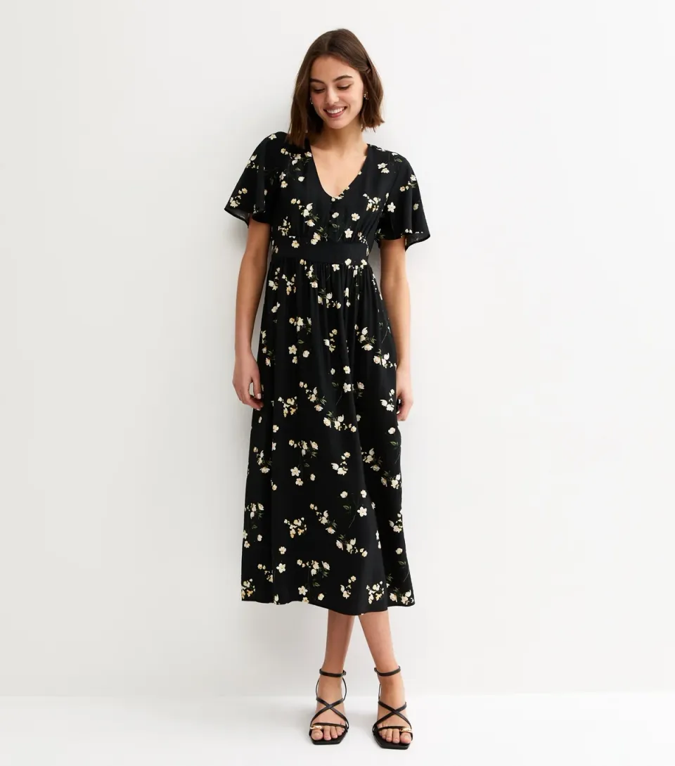 Women's Black Floral Flutter Sleeve Midi Dress