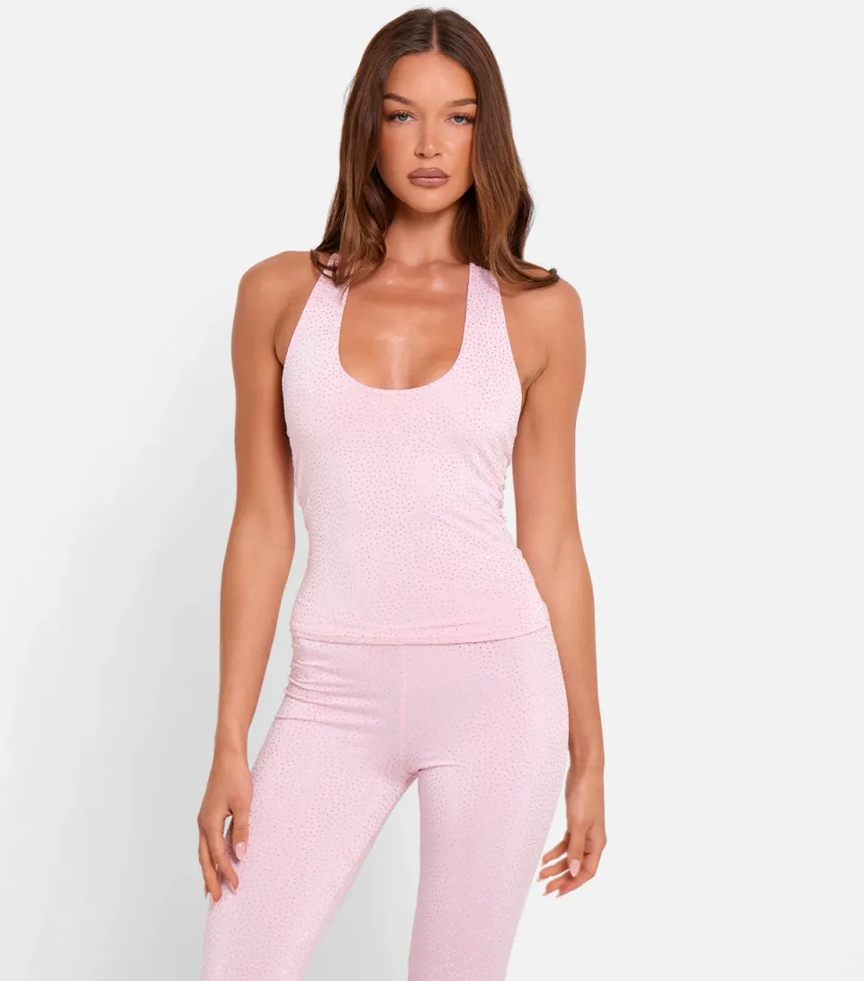 Women's Light Pink Rhinestone Embellished Halter Neck Top