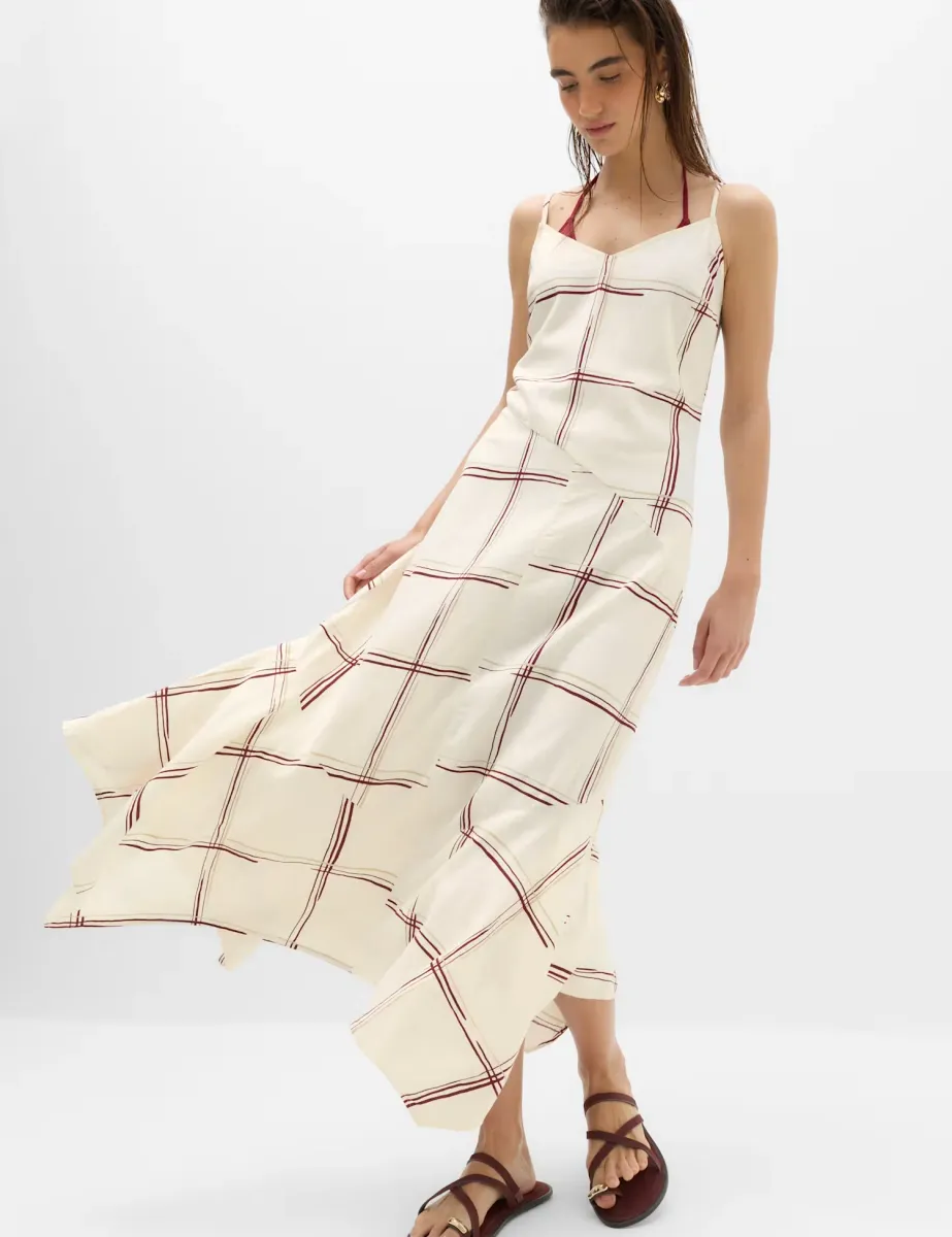 Linen Rich Printed V-Neck Hanky Hem Dress Ivory Mix
