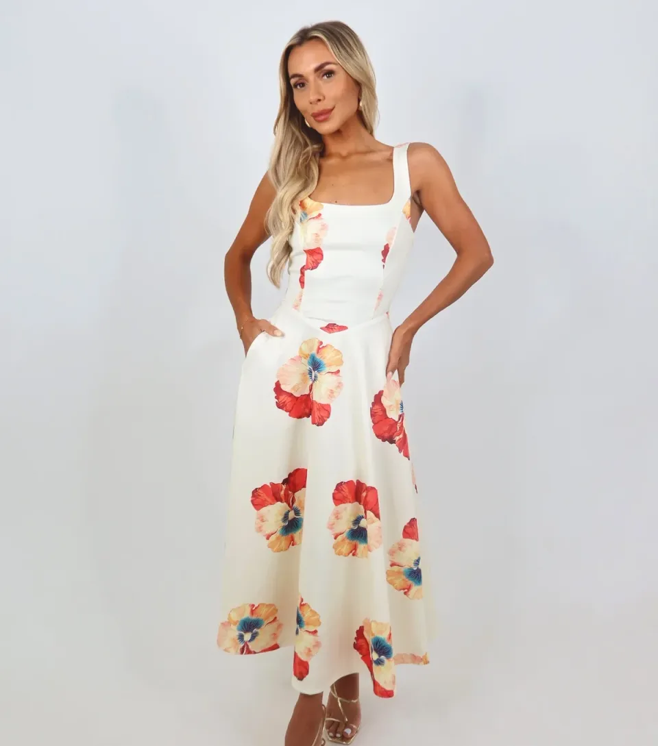 Women's Cream Square Neck A-Line Midi Dress