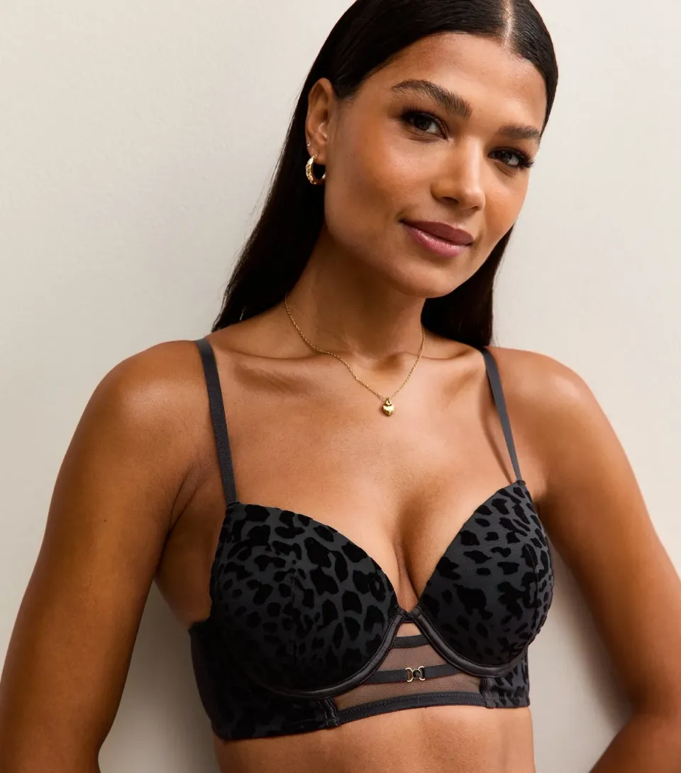 Women's Black Leopard Flock T-Shirt Bra