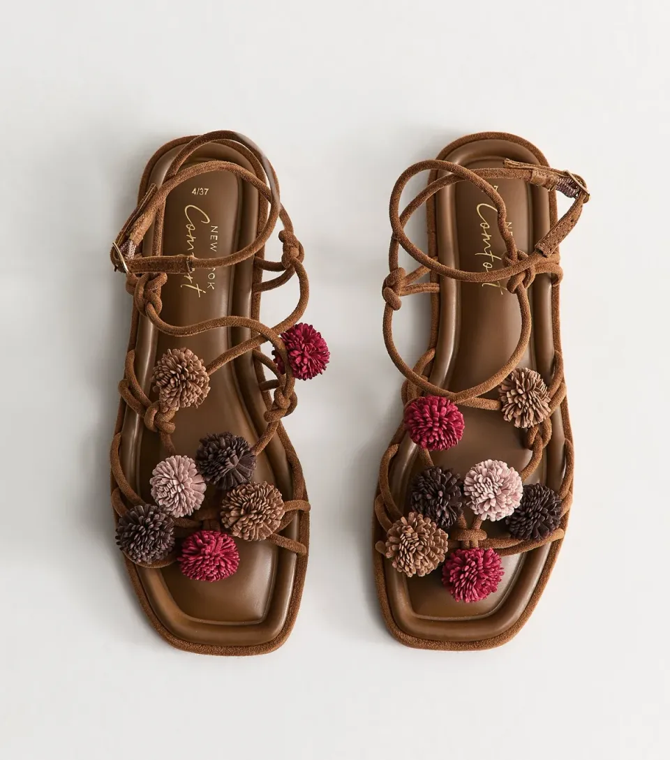 Women's Tan Faux Suede Pom Pom Embellished Sandals Vegan