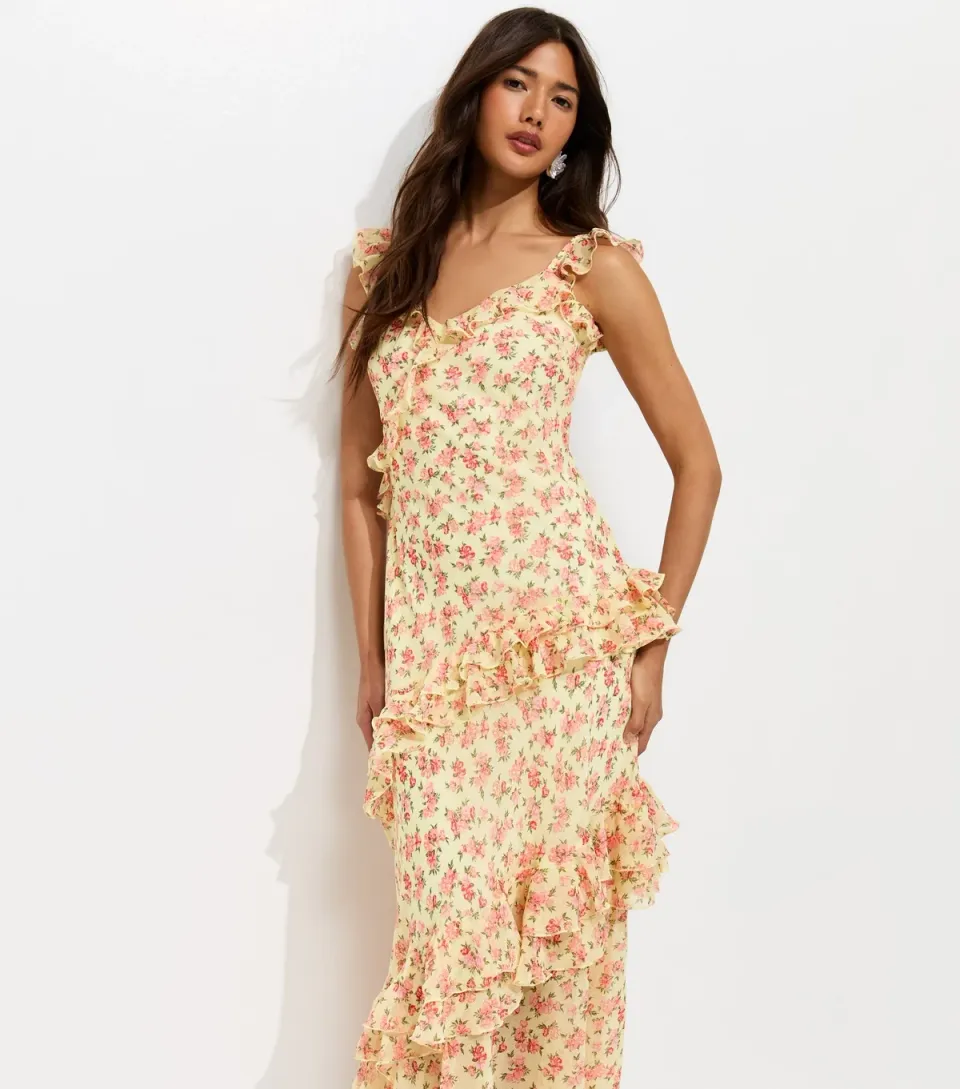 Women's Yellow Chiffon Floral Ruffled Maxi Dress