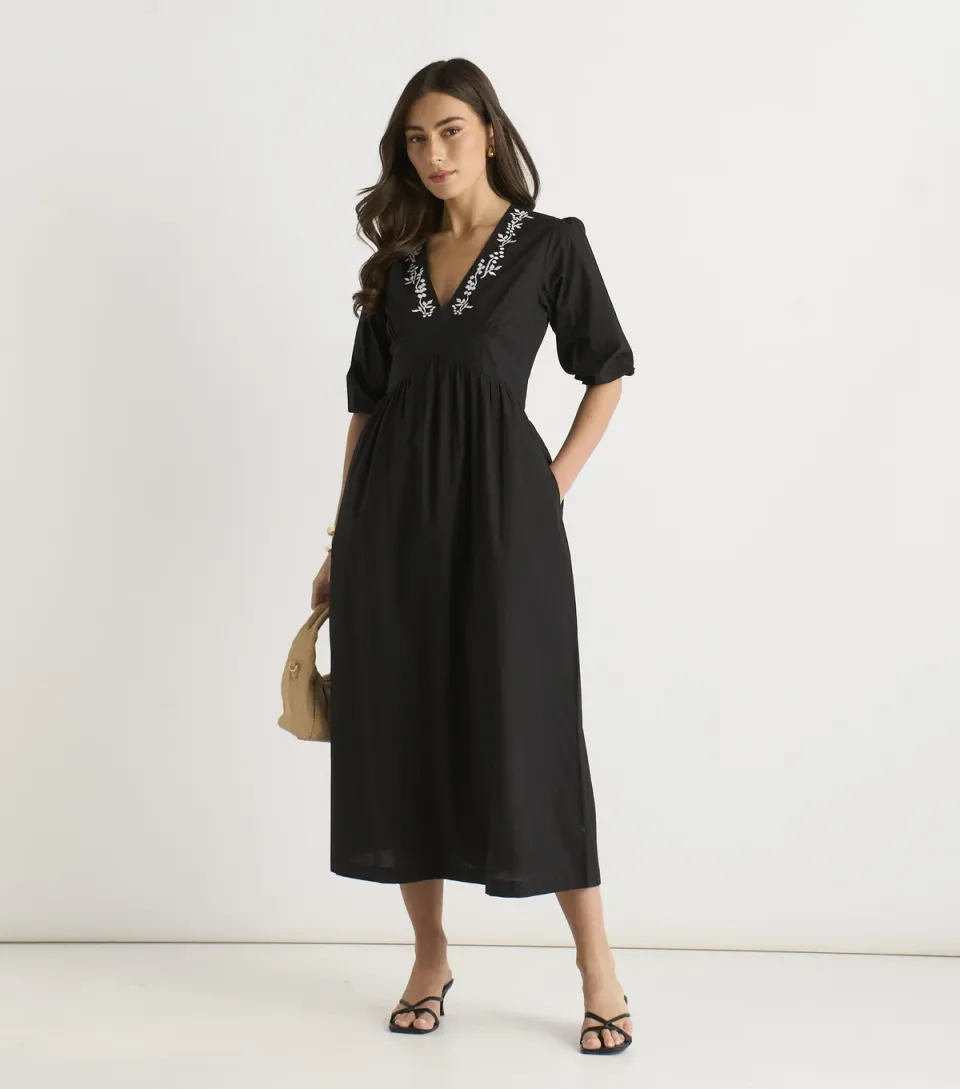 Women's Black Puff Sleeve Floral Embroidered Midi Dress