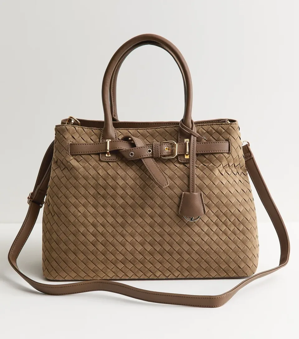 Camel Faux Suede Woven Triple Compartment Tote Bag