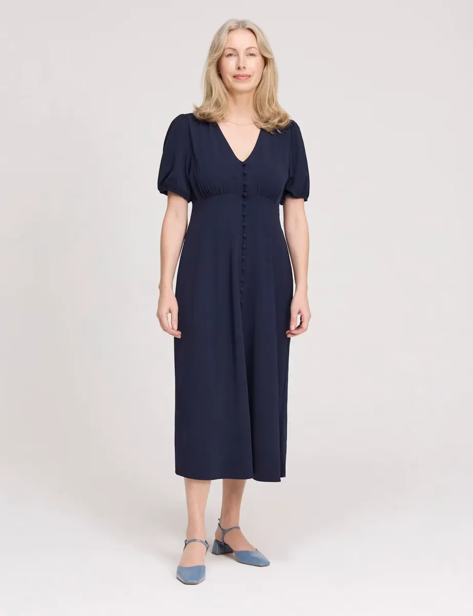V-Neck Button Through Midi Tea Dress Navy