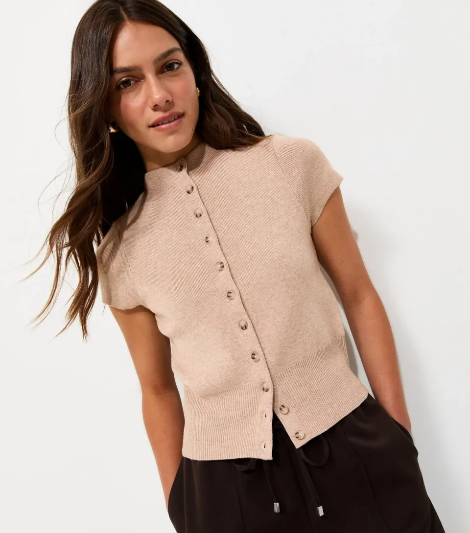 Women's Petite Oatmeal Knitted High Neck Cap Sleeve Cardigan
