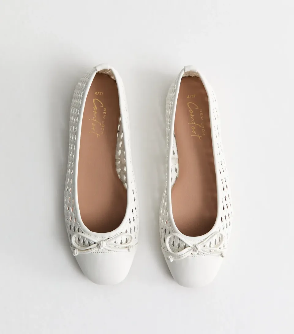 Women's White Woven Faux Leather Ballet Pumps Vegan