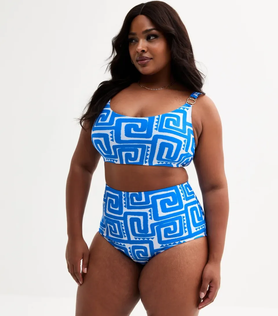 Women's Plus Size Blue Swirl Print High Waisted Bikini Bottoms Curves