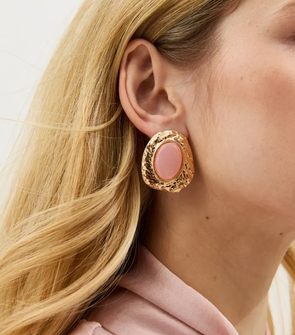 Gold Tone Pink Textured Oval Stud Earrings