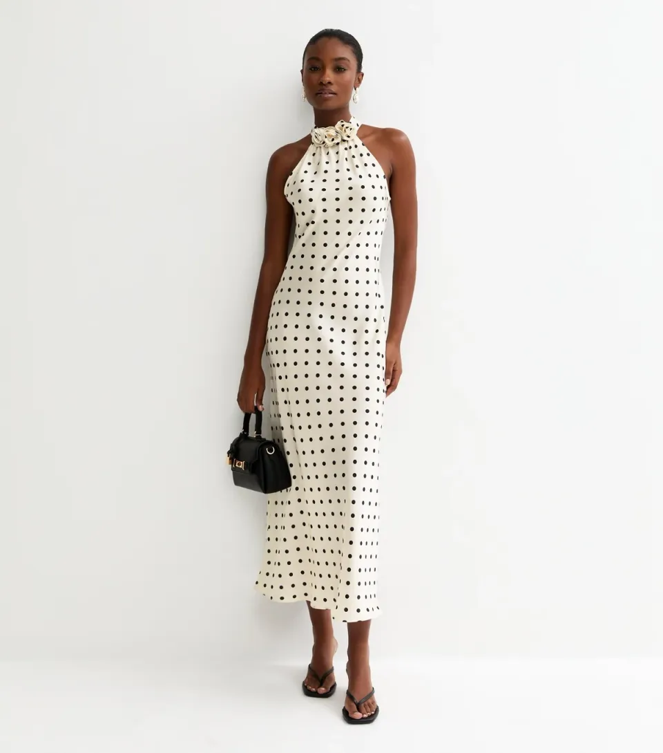 Women's Cream Satin Polka Dot Floral Appliqued Halter Neck Midi Dress
