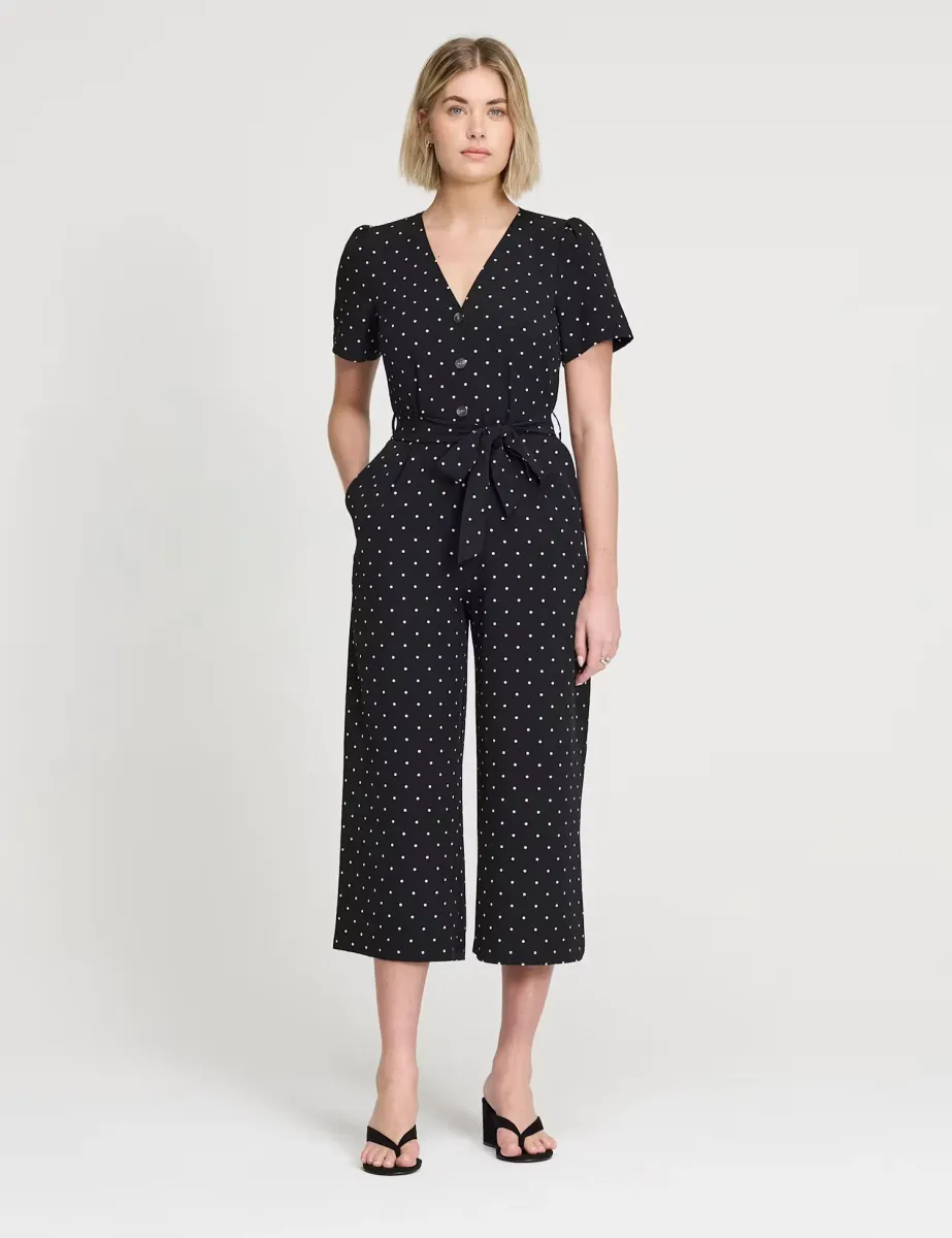 Polka Dot Belted Cropped Wide Leg Jumpsuit Black Mix