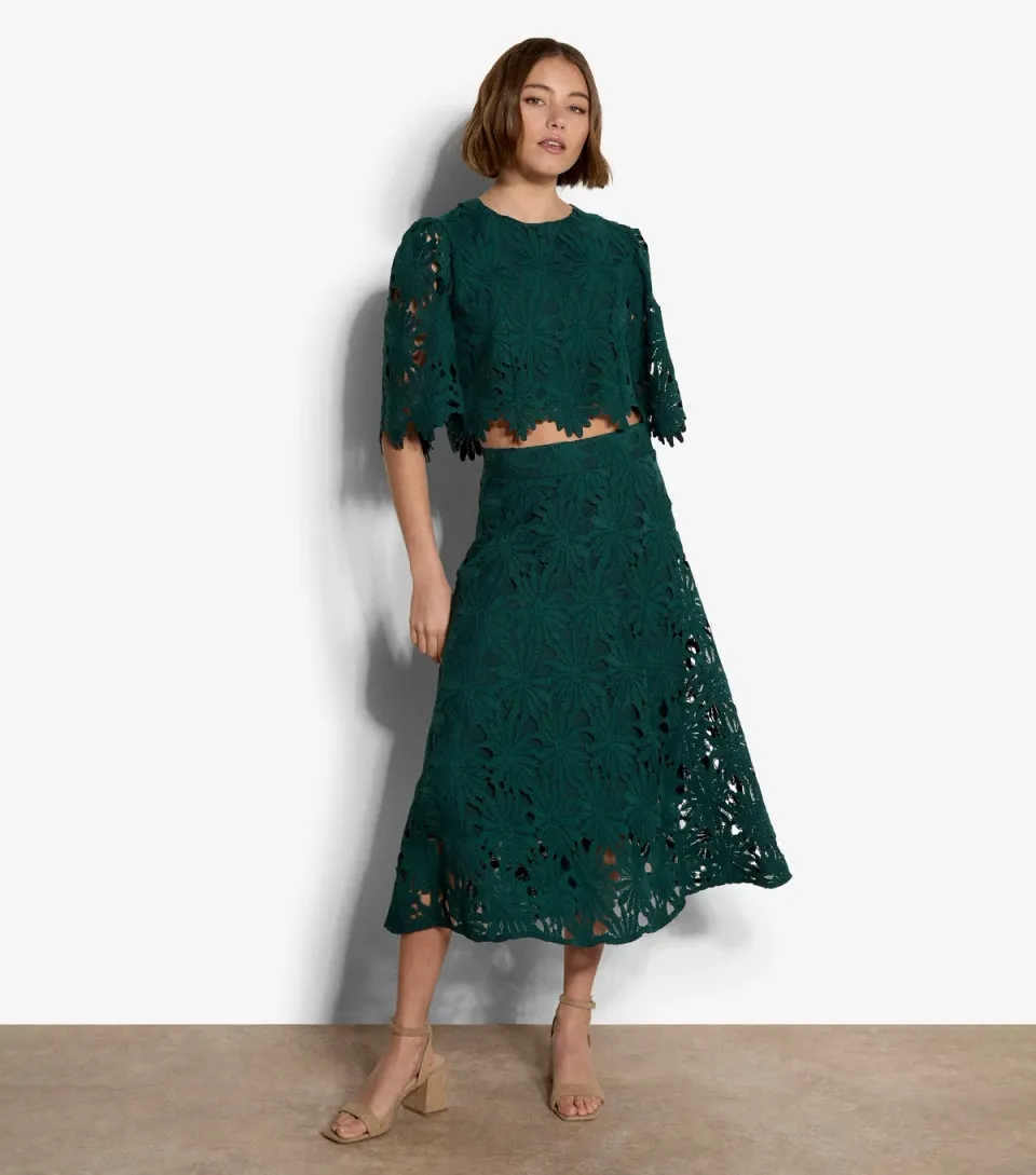 Women's Dark Green Daisy Lace Midi Skirt