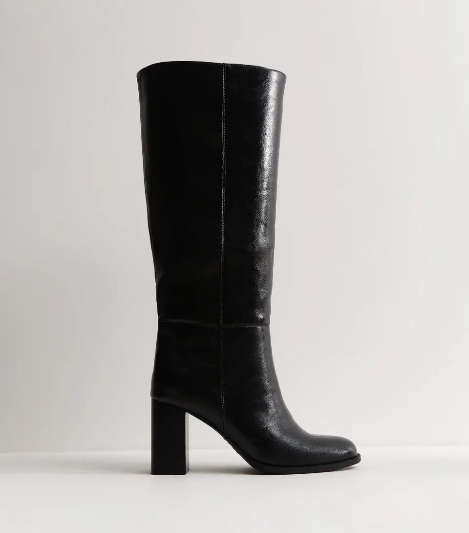 Women's Black Faux Leather Pull On Stacked Heel Boots Vegan