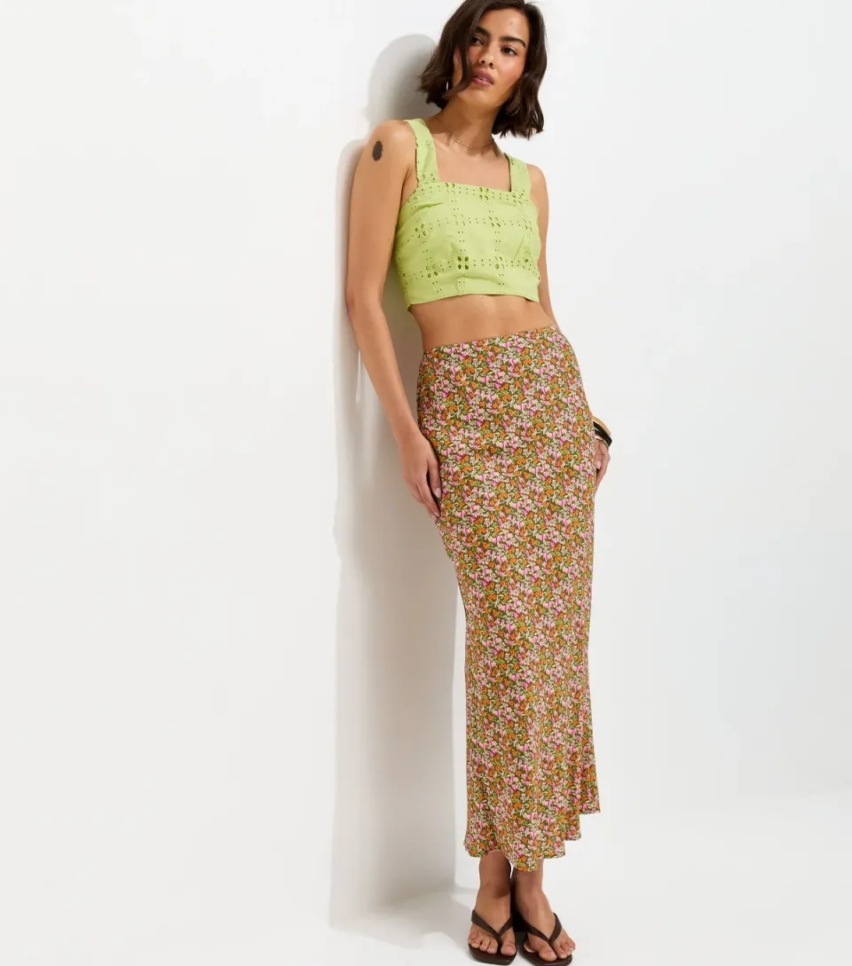 Women's Green Floral Print Midi Skirt