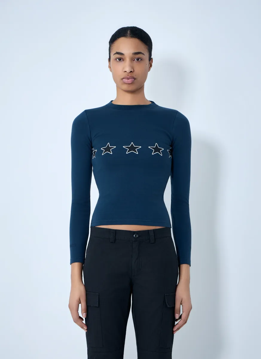 Star Embroidered Ribbed Top