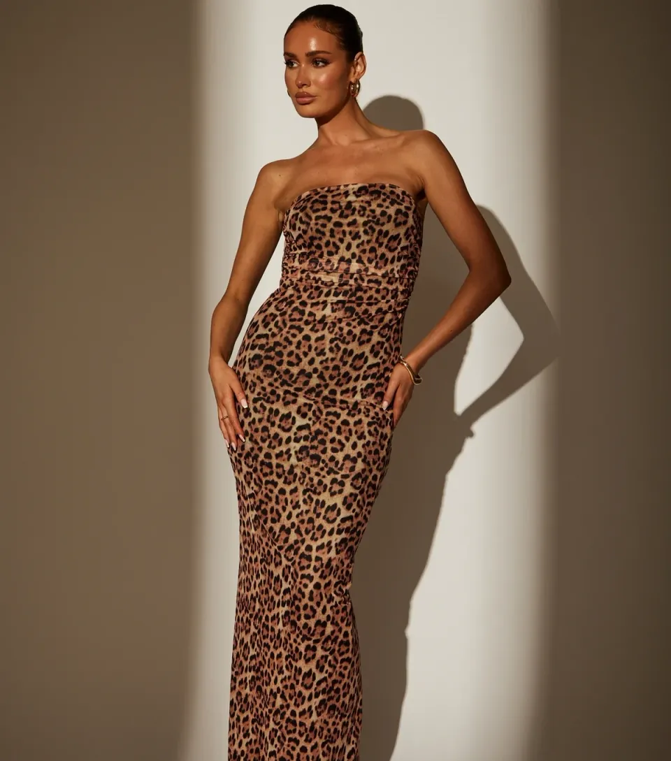 Women's Brown Leopard Print Strapless Mesh Maxi Dress