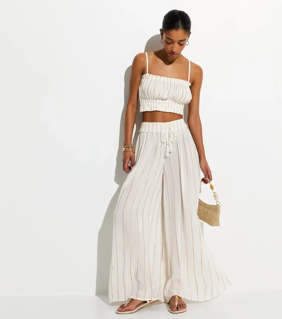 Women's White Striped Pattern Shirred Wide Leg Trousers