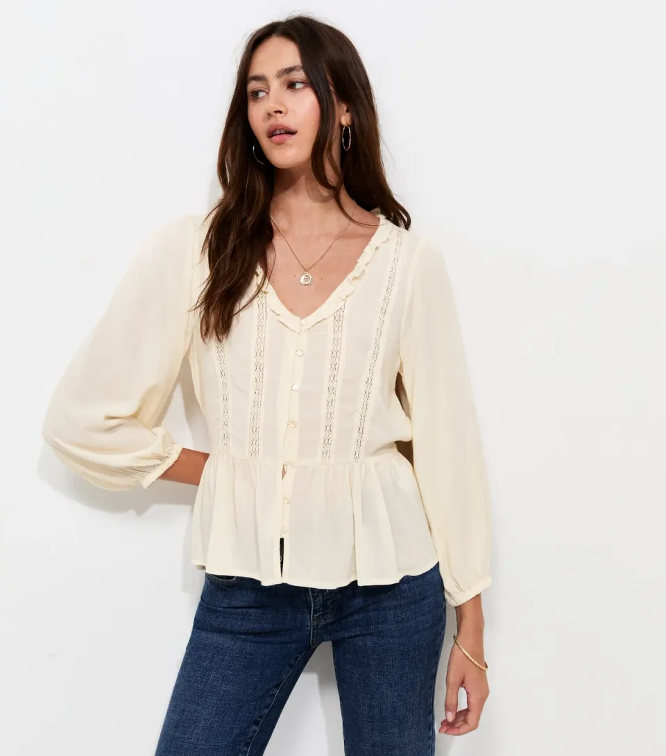 Women's Cream Lace Trim Cropped Sleeve Peplum Blouse