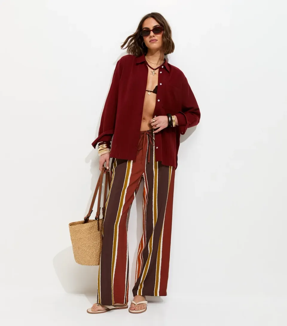 Women's Brown Striped Drawstring Wide Leg Trousers