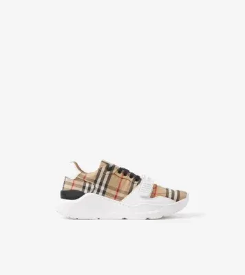 Check, Suede and Leather Sneakers in Archive beige