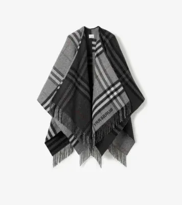 Contrast Check Wool Cashmere Cape in Grey/charcoal grey