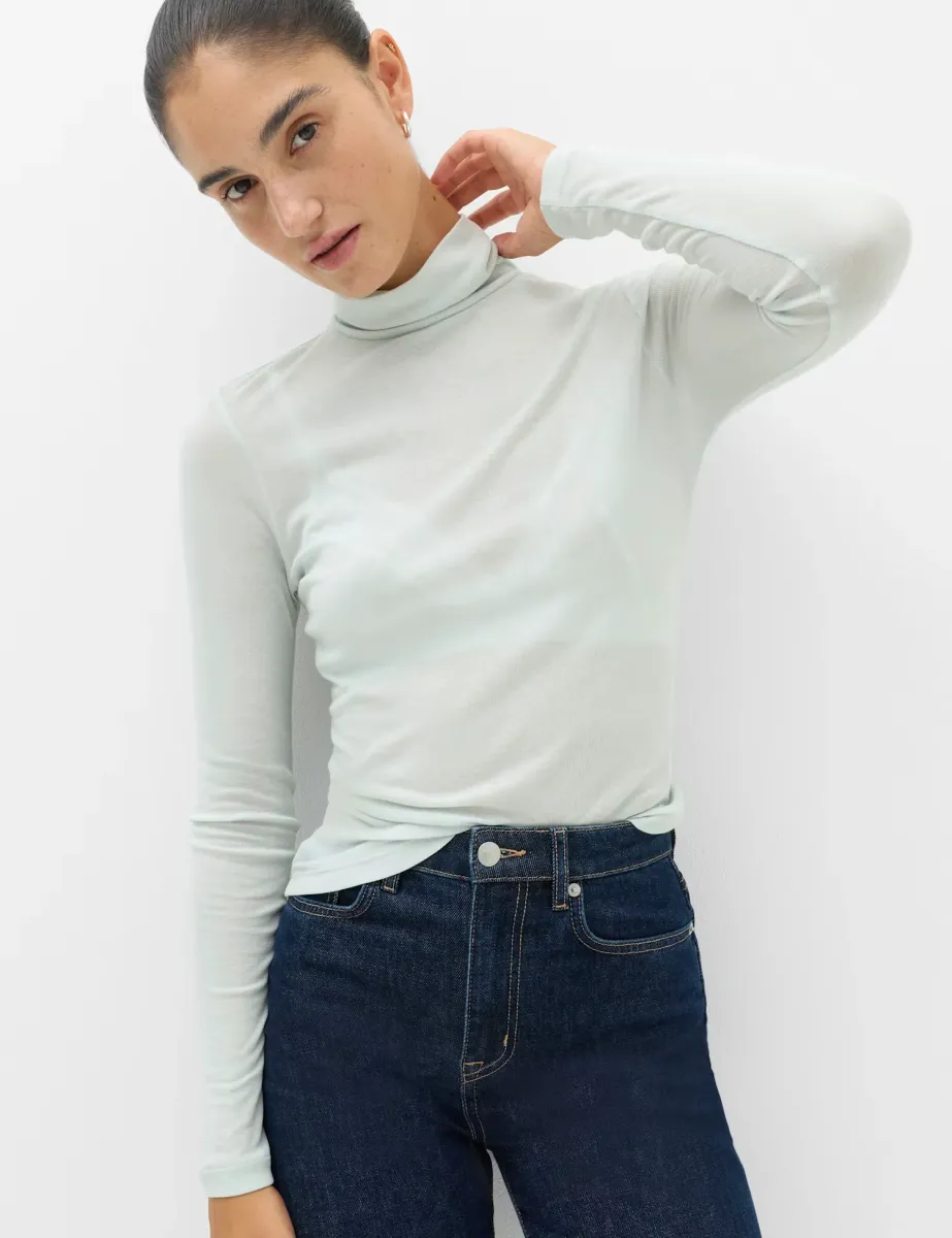 Wool Touch Layering Slim Roll Neck Top Aqua