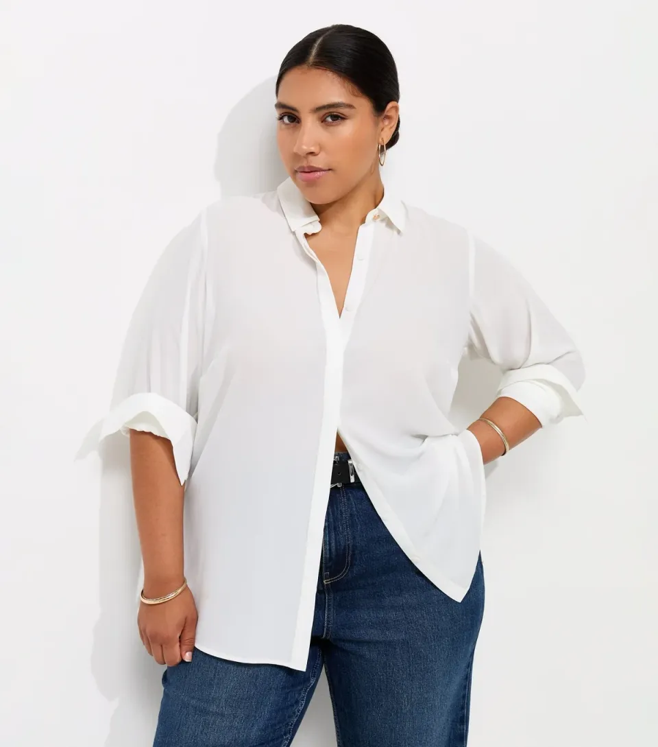 Women's Plus Size White Long Sleeve Shirt Curves