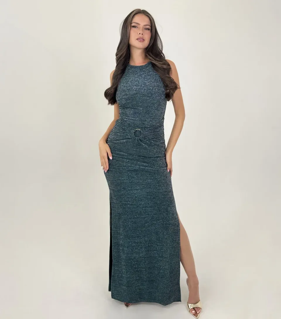 Women's Teal Sparkle O-Ring Midi Dress