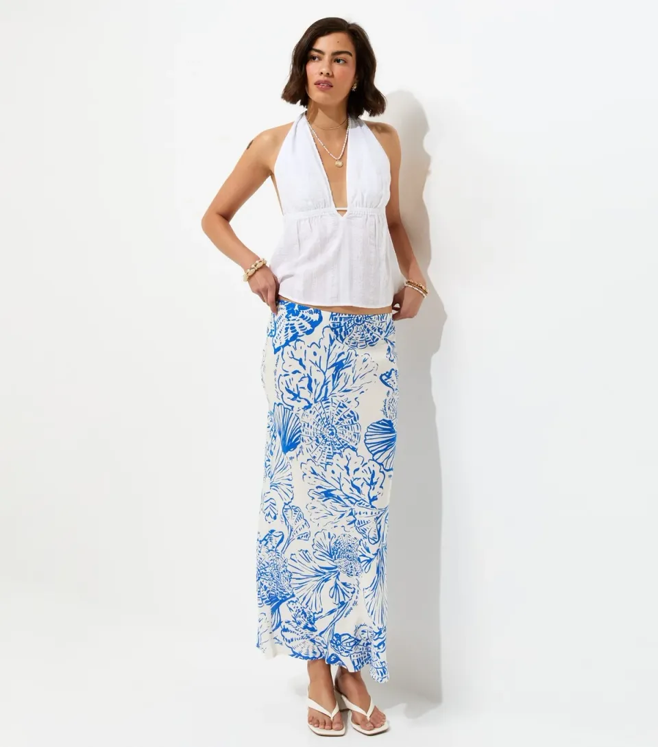 Women's Blue Shell Print Bias Cut Midi Skirt