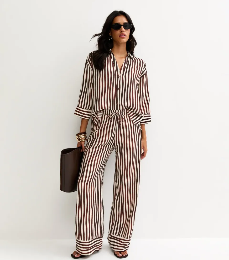 Women's Brown and Cream Striped Wide Leg Trousers