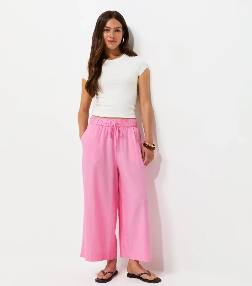 Women's Petite Light Pink Linen Rich Crop Wide leg Trouser