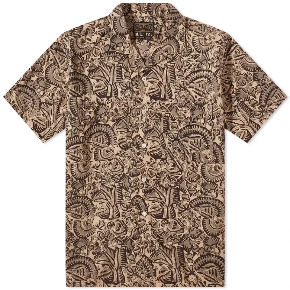 Short Sleeve Open Collar Botanical Block Print S