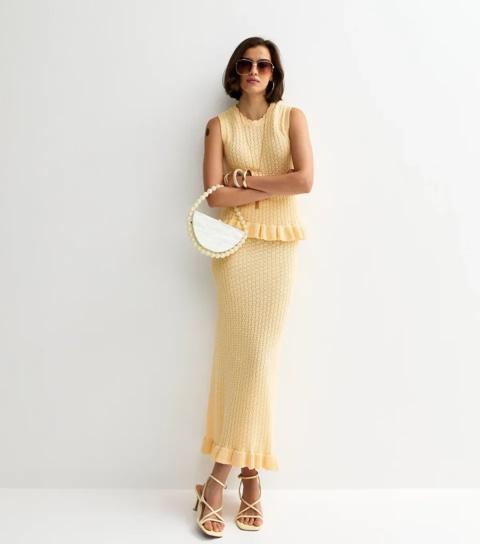 Women's Yellow Cotton Rich Stitchy Knit Frill Hem Midi Skirt