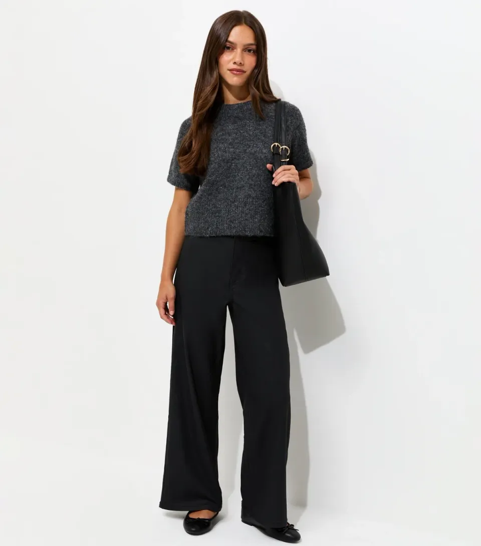 Women's Petite Black Coated High Waist Stretch Wide Leg Trousers