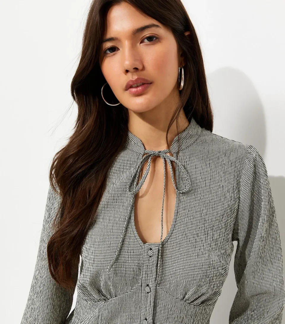 Women's Grey Check Keyhole Long Sleeve Blouse